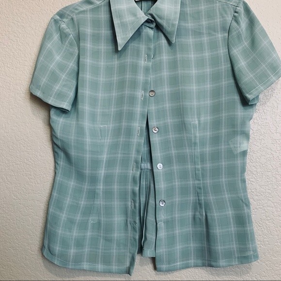 Max Studio Mint Green blouse windowpane plaid shirt short sleeve collar size S - Picture 2 of 10